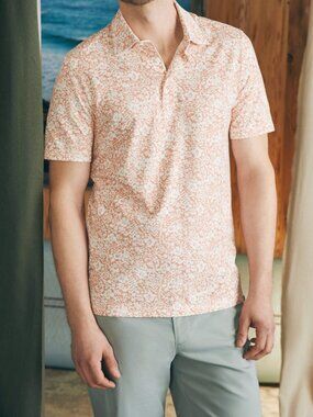 Faherty The Movement Pique Polo Hilo Rose Floral Mens L Orange White Short Sleev